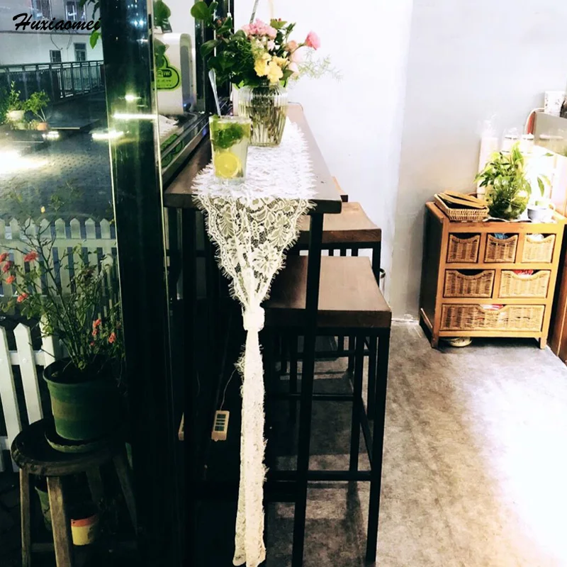 Huxiaomei кружева Настольная дорожка Свадебные белые Boho бахрома сбоку пляжные
