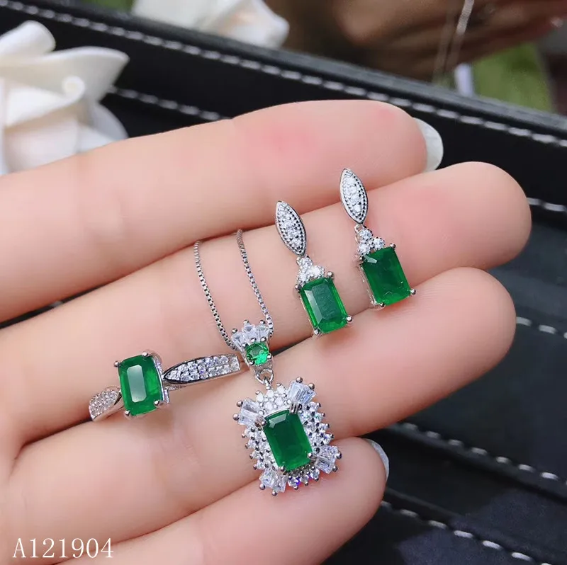 

KJJEAXCMY boutique jewels 925 sterling silver inlaid natural emerald gemstone female necklace pendant ring earrings set support