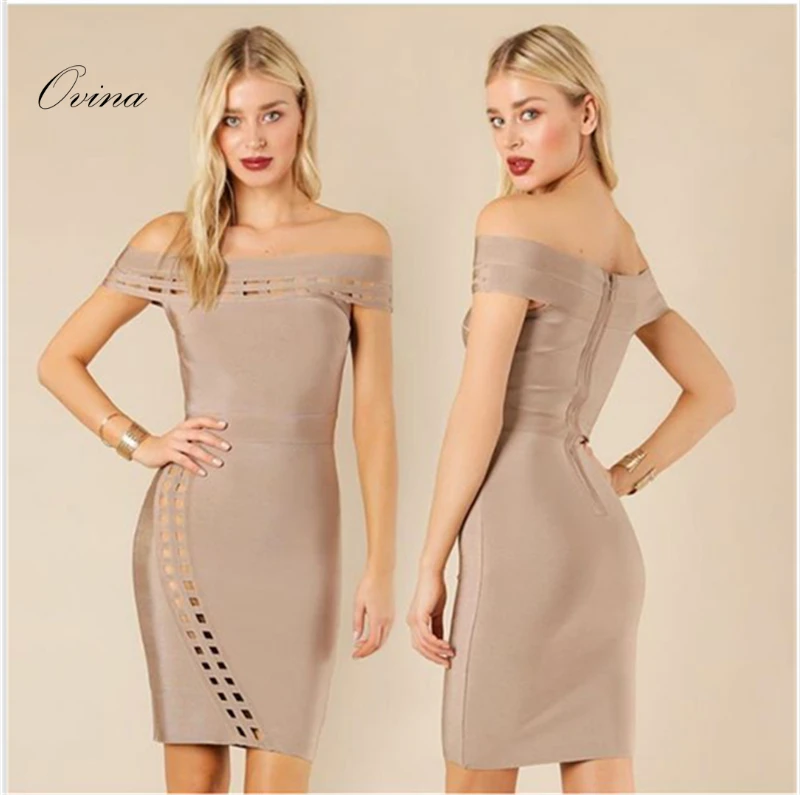 

Champagne Off Shoulder Hollow Out Front Mini Bandage Women Dress Night Party Dress