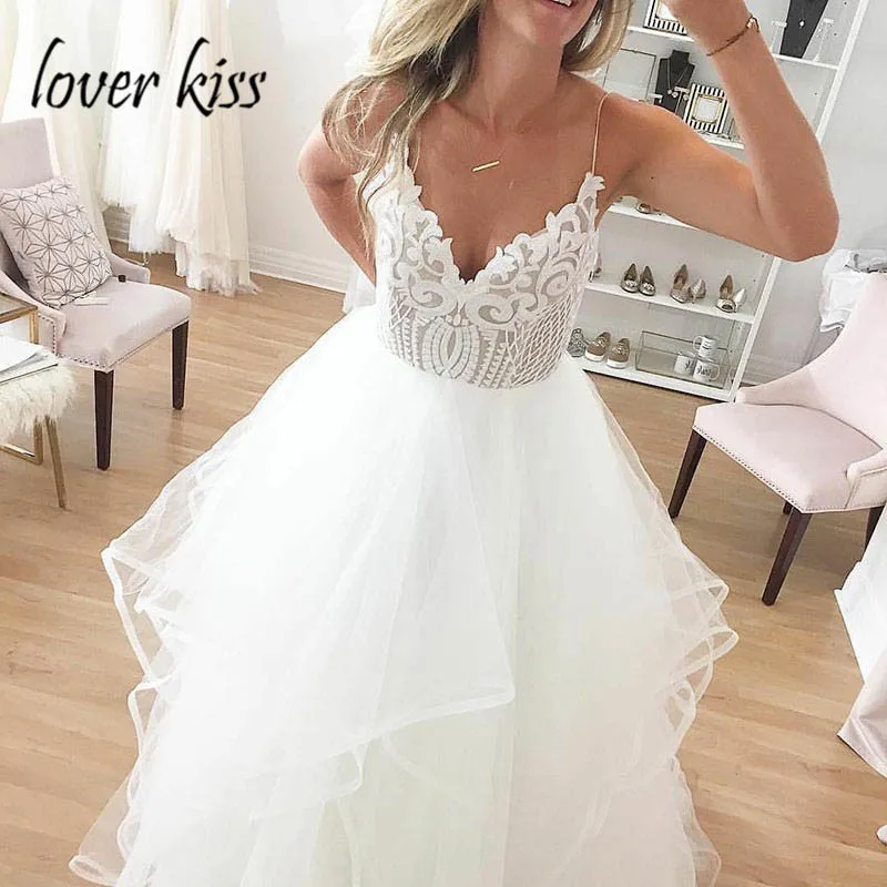 

Lover Kiss robe de mariage A-Line Spaghetti Straps Puffy Wedding Dress Ruffles Skirt For Bride Lace Tulle Bridal Gown Backless