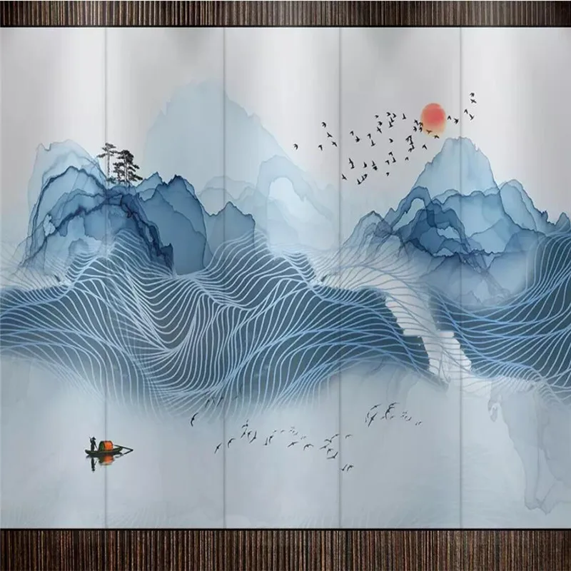 Blue ink landscape abstract lines background high-grade wall cloth manufacturers wholesale wallpaper mural photo | Обустройство дома