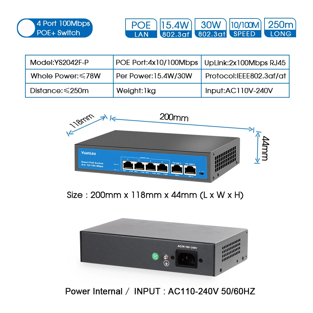 YuanLey 4 порта PoE коммутатор, 2 порта Uplink, питание по Ethernet 802.3af/at 78 W, неуправляемый металлический умный настольный сетевой переключатель
