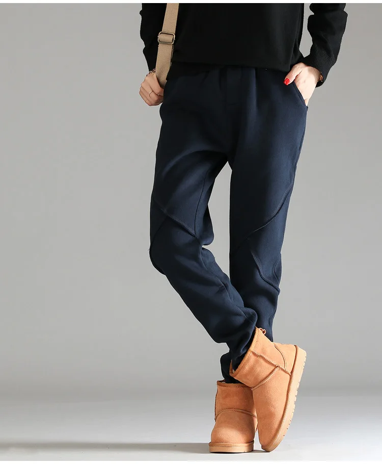 

Obrix Warm Autumn Winter Female Elastic Waist Pants Mid Waist Straight Full Length Pockets Casual Style Fleece Pants For Women