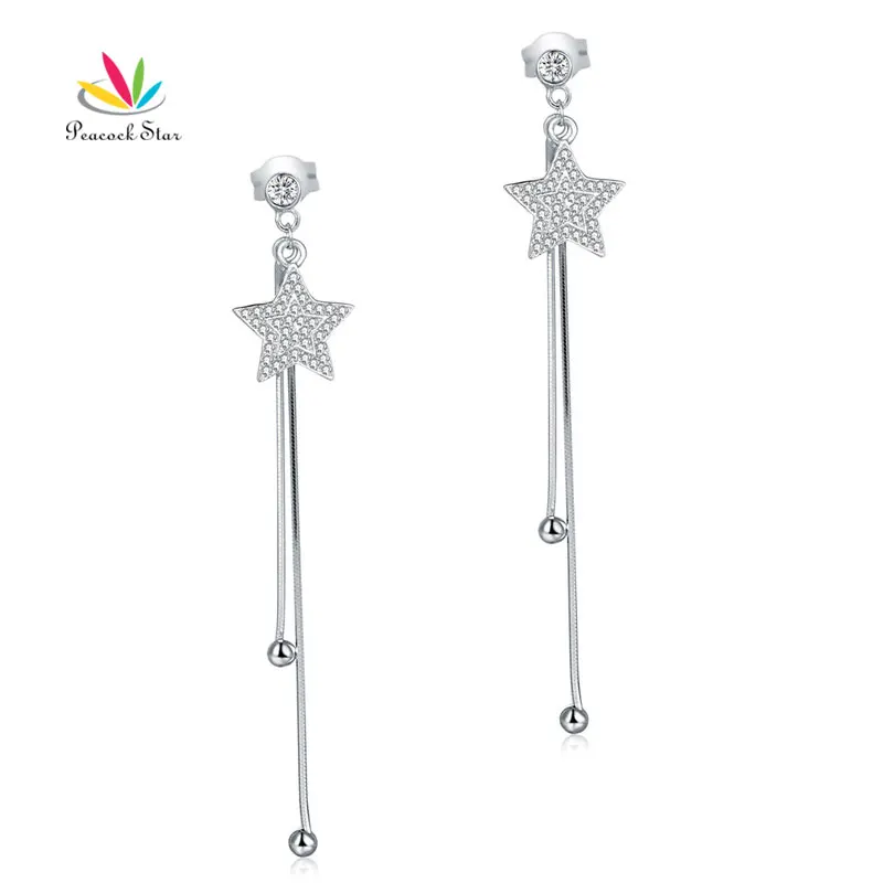 

Peacock Star Solid 925 Sterling Silver Earrings Star Long Fashion Bridal Bridesmaid Gift CFE8161
