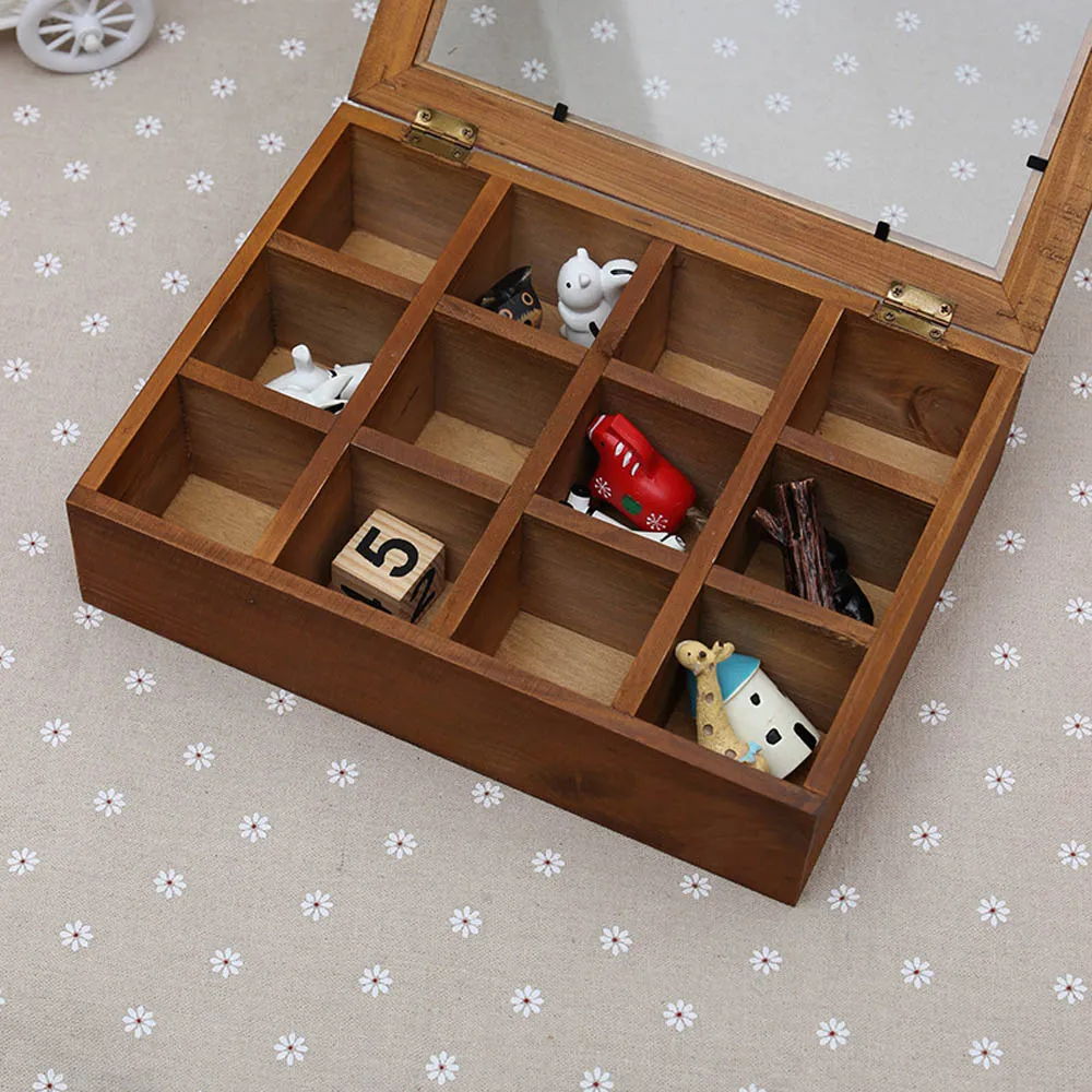 Ретро коробка для хранения 12 ячеек Маленькая деревянная настольные коробки