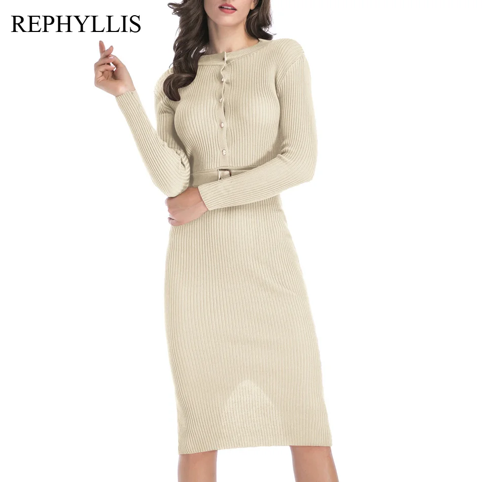 

Женское винтажное трикотажное платье REPHYLLIS, повседневное облегающее платье миди с длинным рукавом, круглым вырезом, пуговицами, разрезом сз...