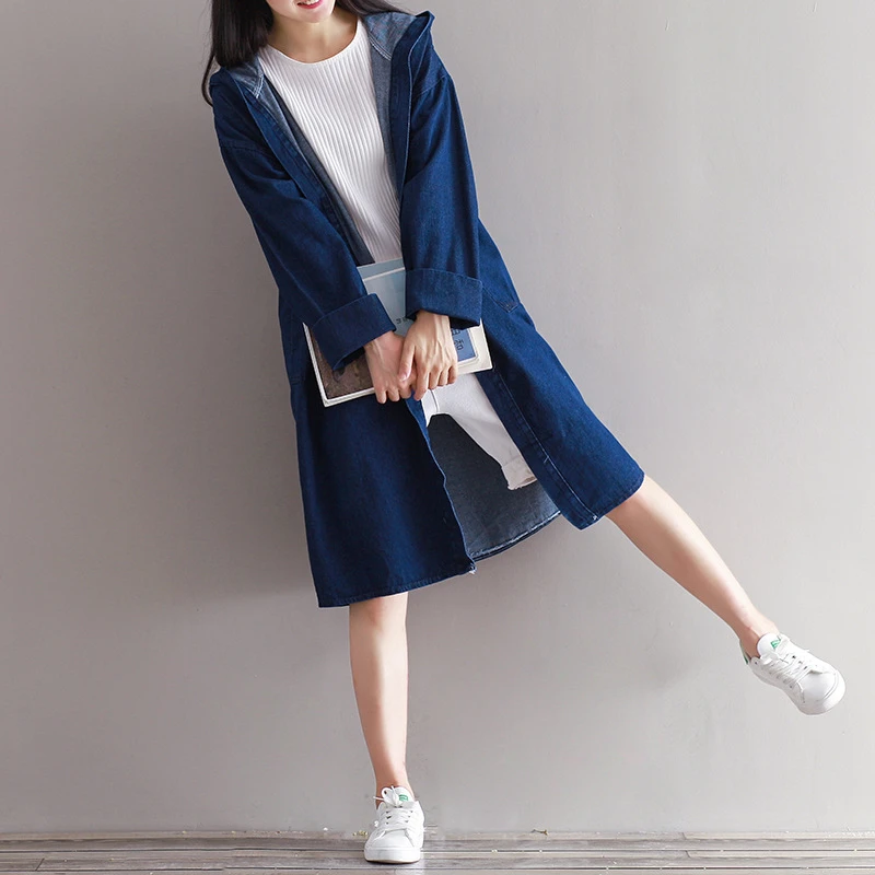 Женский джинсовый Тренч Свободный Повседневный длинный кардиган с капюшоном