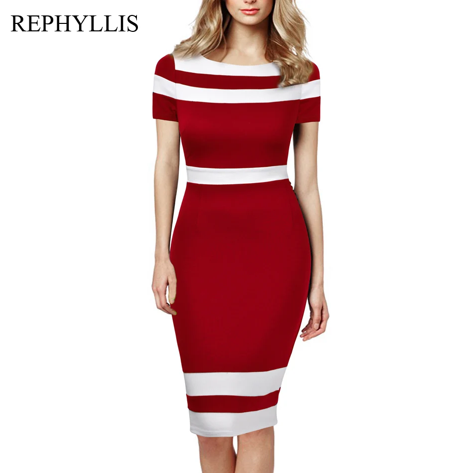 Red REPHYLLIS женское платье-карандаш с коротким рукавом, с вырезом лодочкой, в стиле пэчворк, повседневное, деловое, офисное, элегантное, облегающее - Цвет: Red