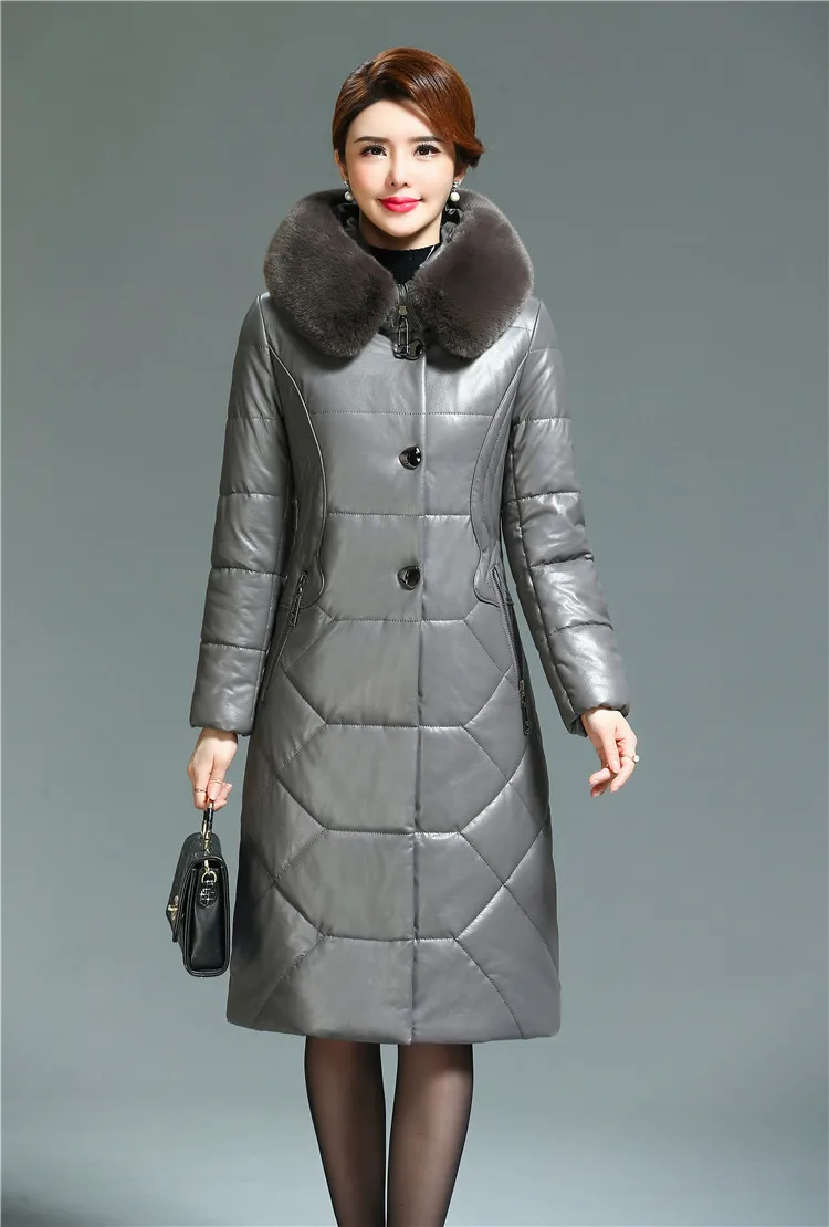 New Winter Women Leather Thicken Jacket 6XL Ladies Fur Collar Hooded Coats Cotton Padded Outwear Middle-aged Female Parkas