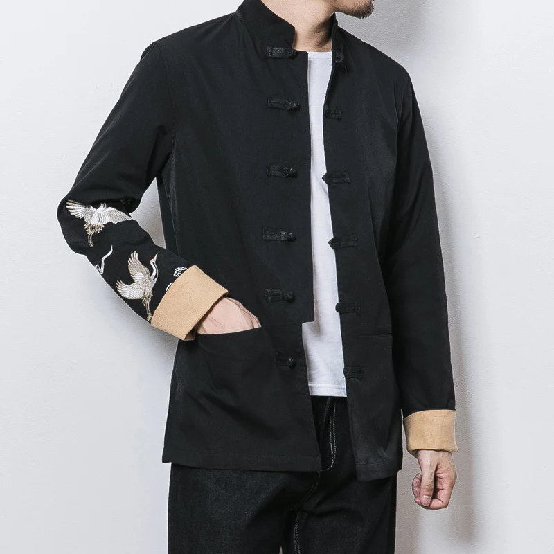 

MRDONOO Chinese style men's retro crane embroidered jacket autumn stand-collar frog Chinese tunic suit young man Tang suit