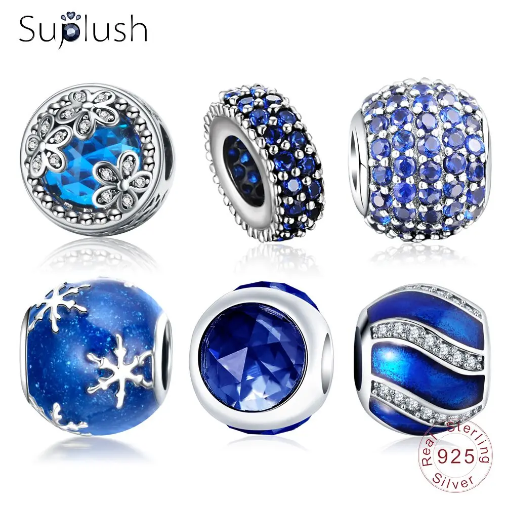 Suplush 100% Аутентичные серебряные бусины 925 пробы подходят оригинальный бренд синие