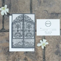 vintage slate grey intricate laser cut gate folded wedding invitation