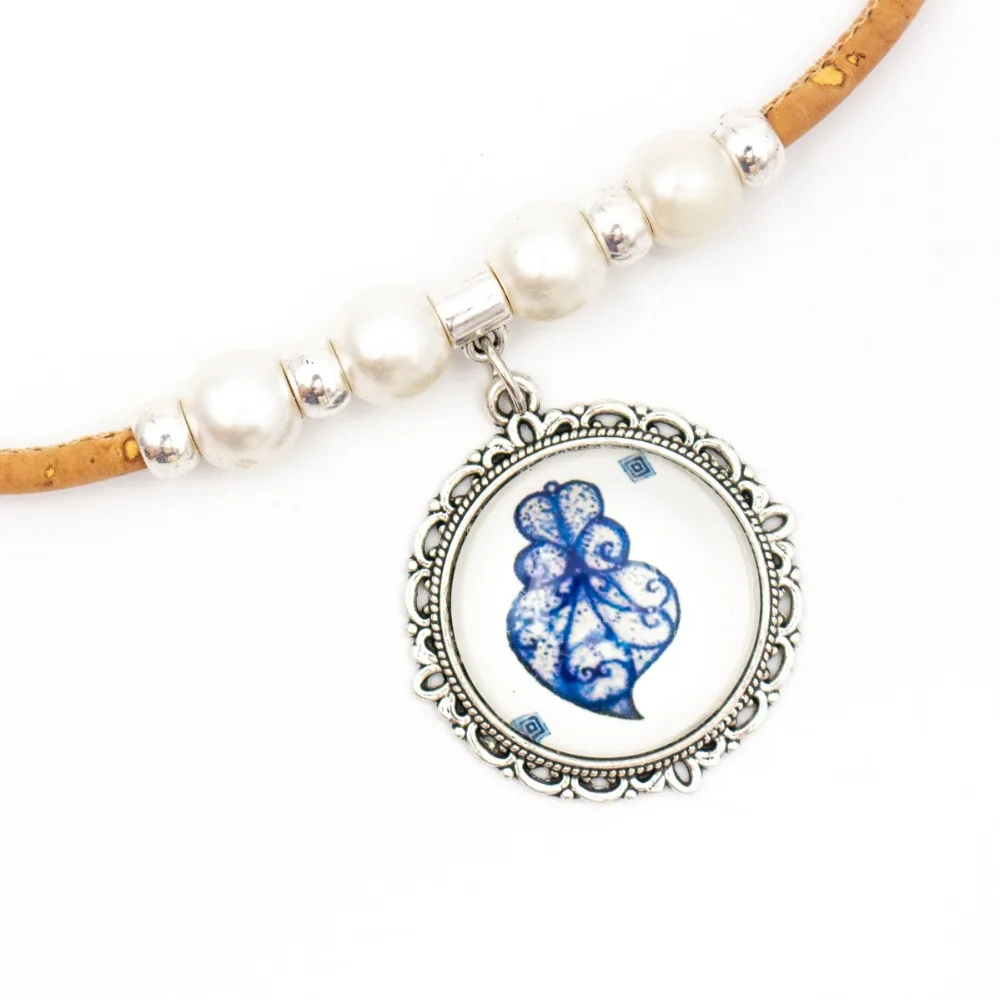 Natural cork with blue traditional ceramic tile color pattern handmade necklace N-181 | Украшения и аксессуары