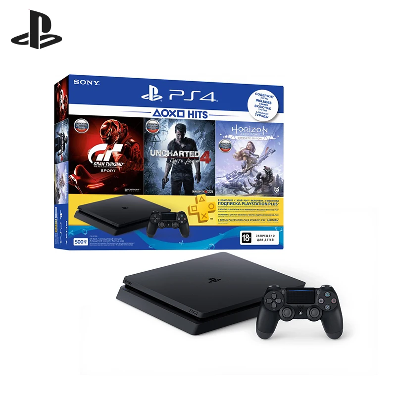 Видеоприставка Sony PlayStation 4 CUH-2108A + игра Horizon Zero Dawn GT Sport Uncharted PS Plus 3-мес. | Электроника