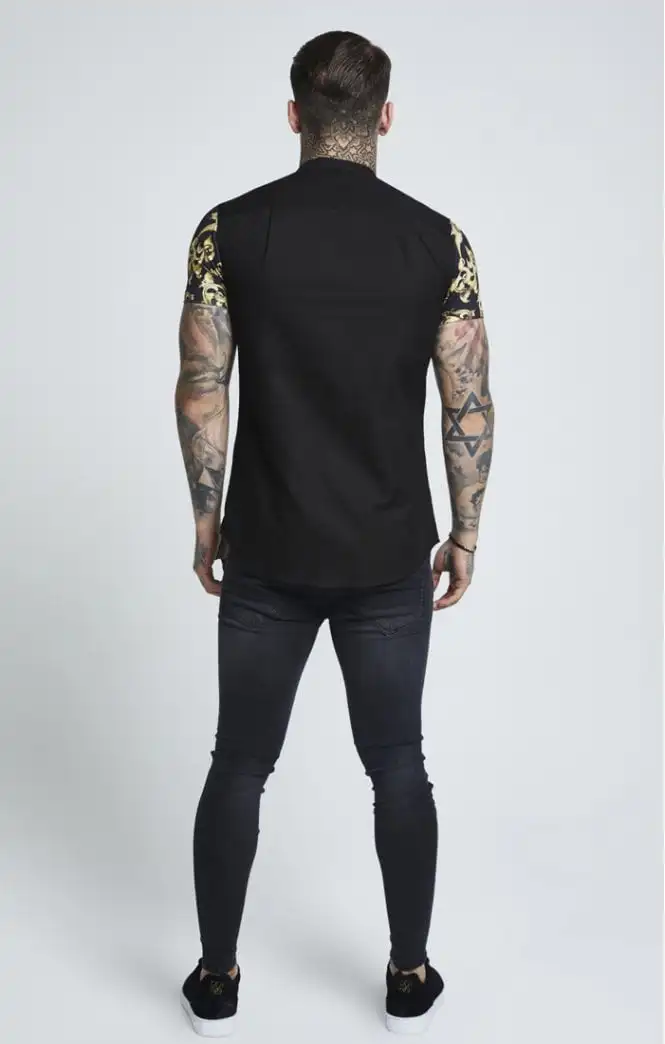 SikSilk S/S воротник-стойка Оксфорд рубашка-черный и золотой