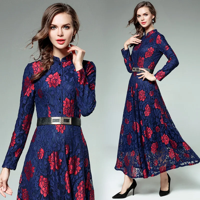 Ветронепроницаемое женское длинное кружевное платье Осеннее однобортное с