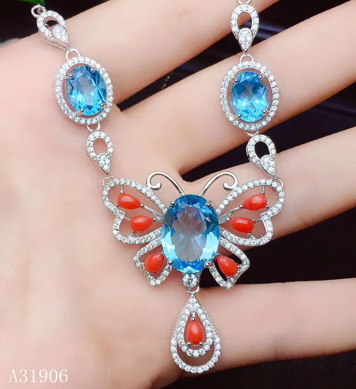 

KJJEAXCMY Fine Jewelry 925 sterling silver inlaid natural blue topaz red coral gemstone female necklace support detection luxury