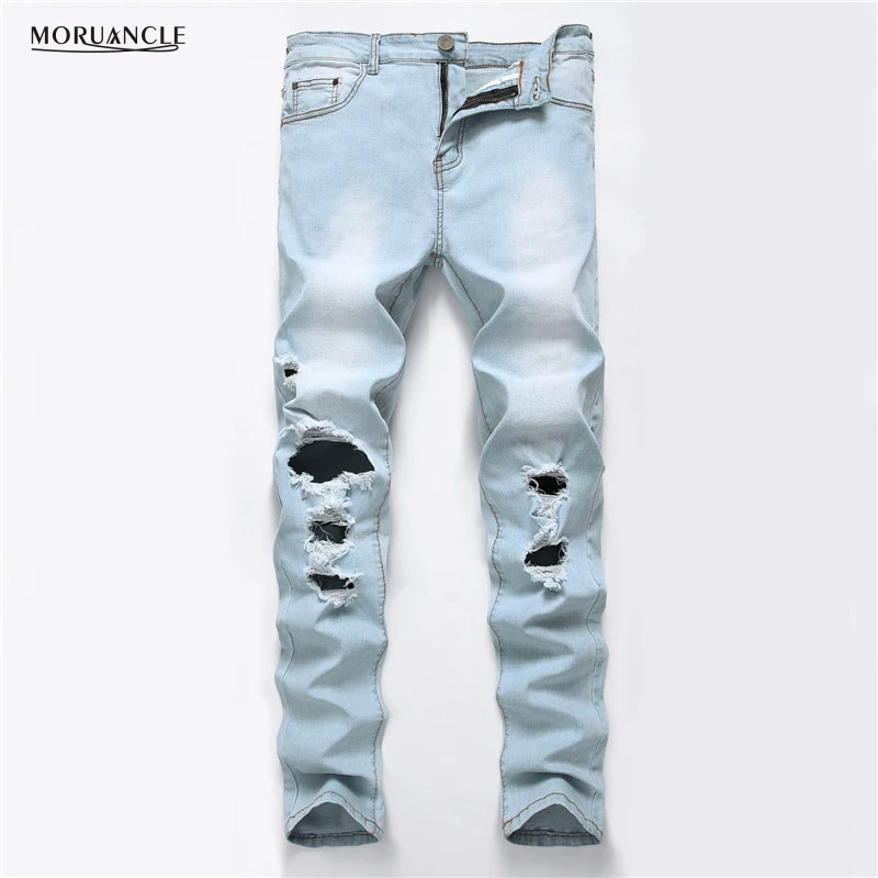 MORUANCLE/новые модные мужские рваные джинсы, брюки с большими дырками, облегающие эластичные потертые джинсовые брюки, большие размеры 27-40