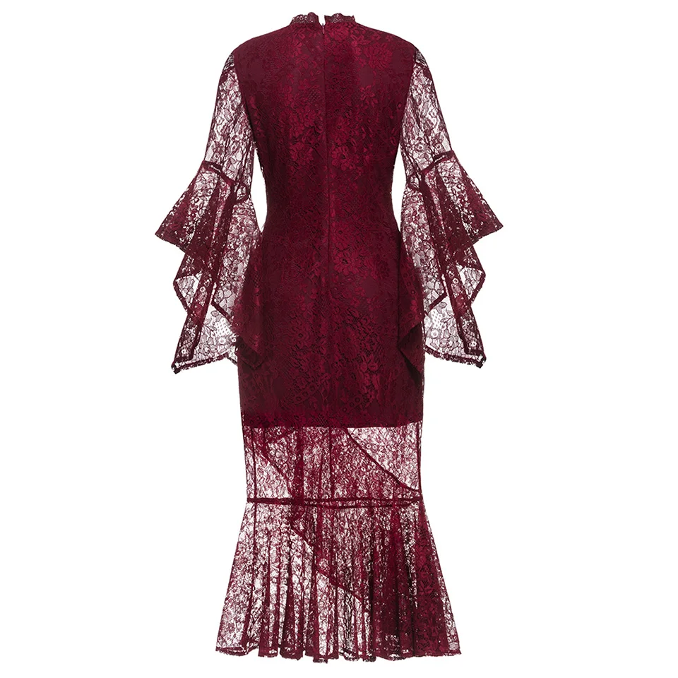 Dressv, красное вечернее платье, дешево, высокий ворот, кружево, рукав 3/4, Русалка, длина до середины икры, свадебное, вечернее платье, вечернее платье, es