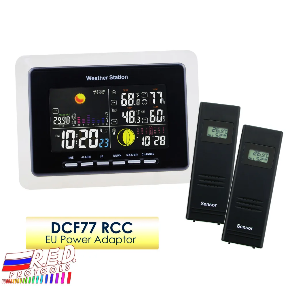 

Wireless Weather Station 2 Remote Sensors Weather Forecast Moonphase Alarm Indoor Outdoor Temperature Humidity DCF RCC