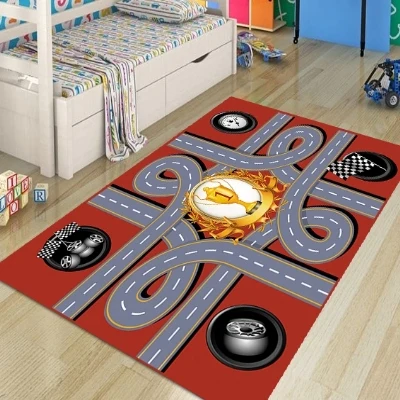 

Else Red Car Race Road Game Boys 3d Pattern Print Non Slip Microfiber Children Kids Room Decorative Area Rug Kids Play Game Mat