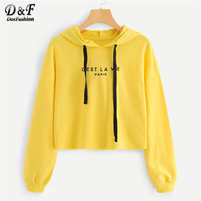 Dotfashion, желтый свитер с капюшоном и надписью, с заниженным плечом, на шнурке, Женская Повседневная Осенняя толстовка с капюшоном, длинный рукав, элегантный пуловер
