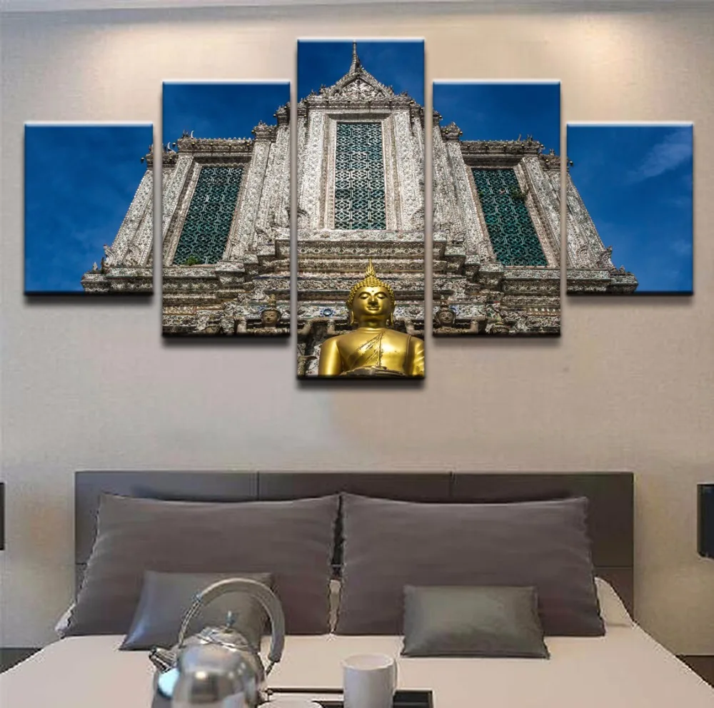 Artwork Canvas 5 Piece Religious Wat Arun Temple Poster Wall Art Home Decor For Living Room Pictures Printed | Дом и сад
