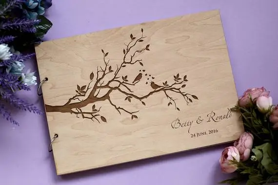 

Wedding Guest Book Love Birds, Rustic Wedding, Bridal Shower Guest Book, Personalized Engraved Initial Guest Book