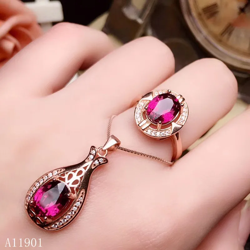 KJJEAXCMY boutique jewels 925 Silver-inlaid Natural Gem Aluminum Magnesium Garnet Ring Necklace Hanging Set Support Identificati | Украшения