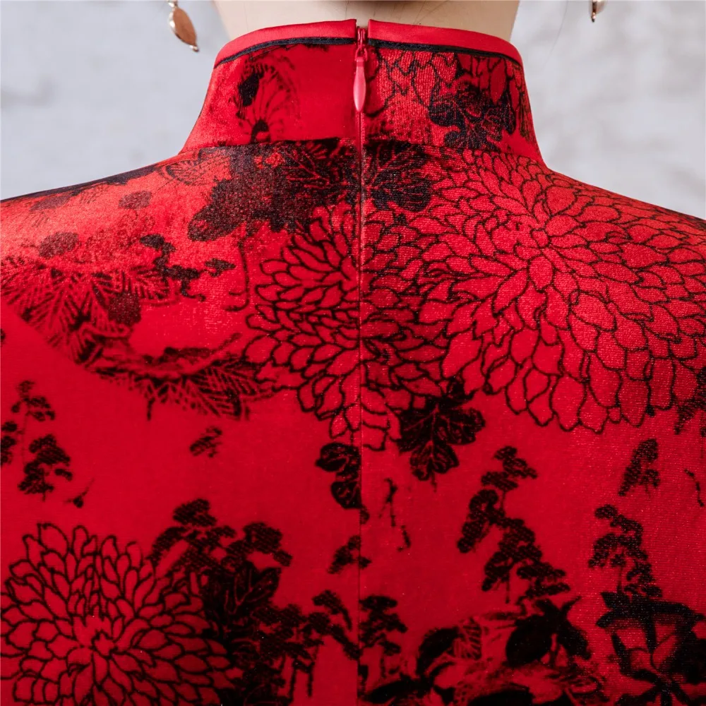 Шанхай история новая распродажа с длинным рукавом Винтаж Цветочный Qipao красный