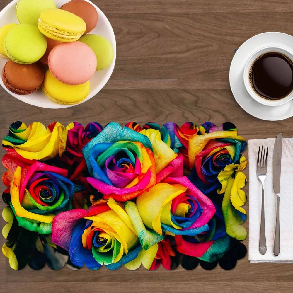 

Else Red Yellow Blue Pink Color Roses Flowers 4 Pcs 3d Print Washable Micro Fabric Table Placemat Pad for Dining Room Kitchen