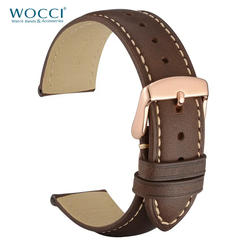 

WOCCI Watch Band - Vintage Leather Watch Strap, Choice of Color and Width (18mm,19mm,20mm,21mm or 22mm),Rose Gold Buckle