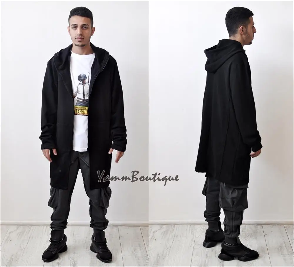 

XS-6XL Tech Men's Dark Black Relaxed-fit Oversized Overlong Hooded Zip Up Sweatshirt