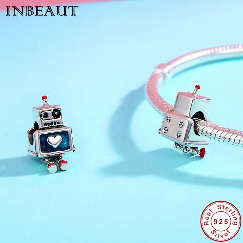 New DIY 925 Sterling Silver Heart Carved High Technology Cute Small Robot Charm Beads fit Trendy Bracelet for Women Anniversary | Украшения