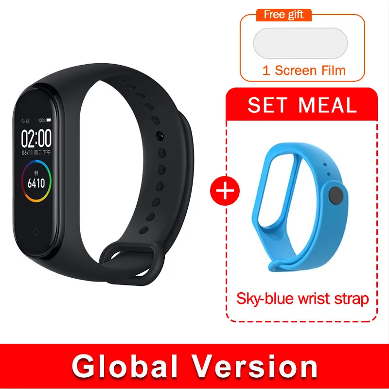 EN Add Skyblue Strap Глобальная версия,, xiaomi mi band, 4 цвета, экран,, новейший музыкальный умный Браслет, пульсометр, фитнес, 135 мА/ч, bluetooth 5,0 - Цвет: EN Add Skyblue Strap