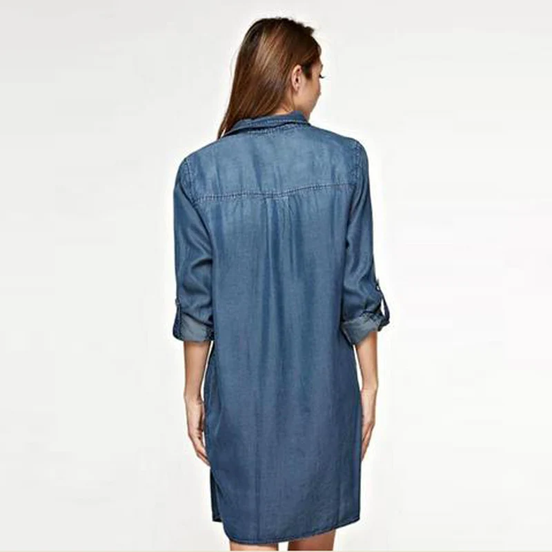 Женское джинсовое мини платье с глубоким вырезом v образным и длинным рукавом