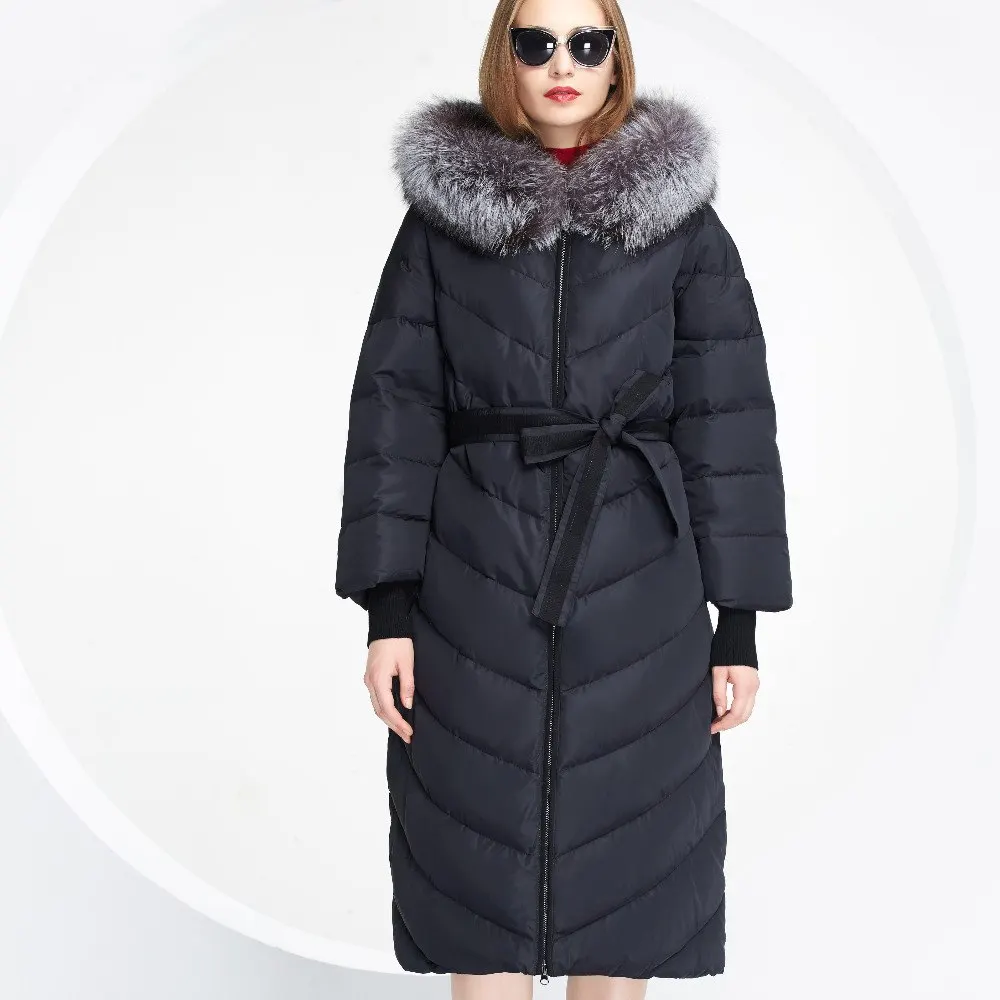 BASIC EDITIONS New Women Winter Long Parka Down Coat Fox Fur Hood Belt Wide Waist White Duck Jacket WY049 jacket down parka downduck down