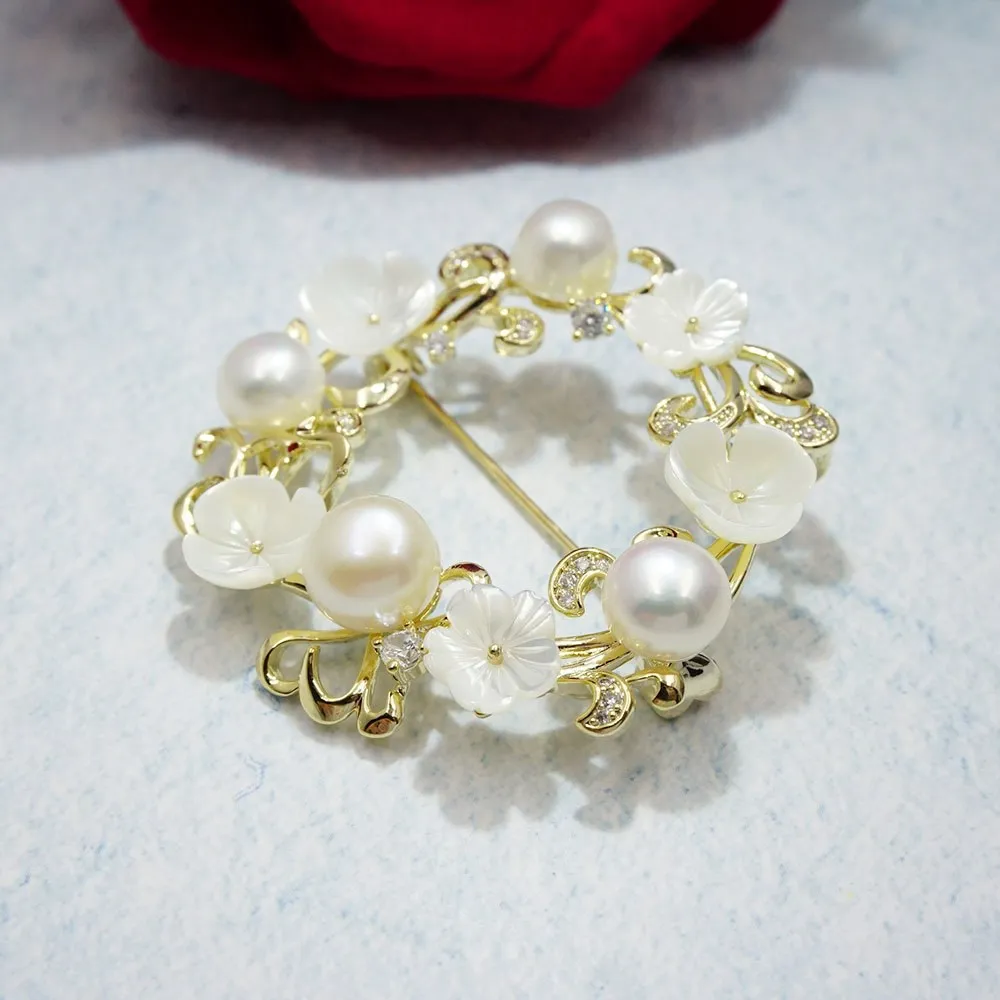 Romantic Zircon Flower Brooch Safety Pins Fashion Jewelry Shell Freshwater Pearl Brooches for Women Girls Wedding Gift | Украшения и