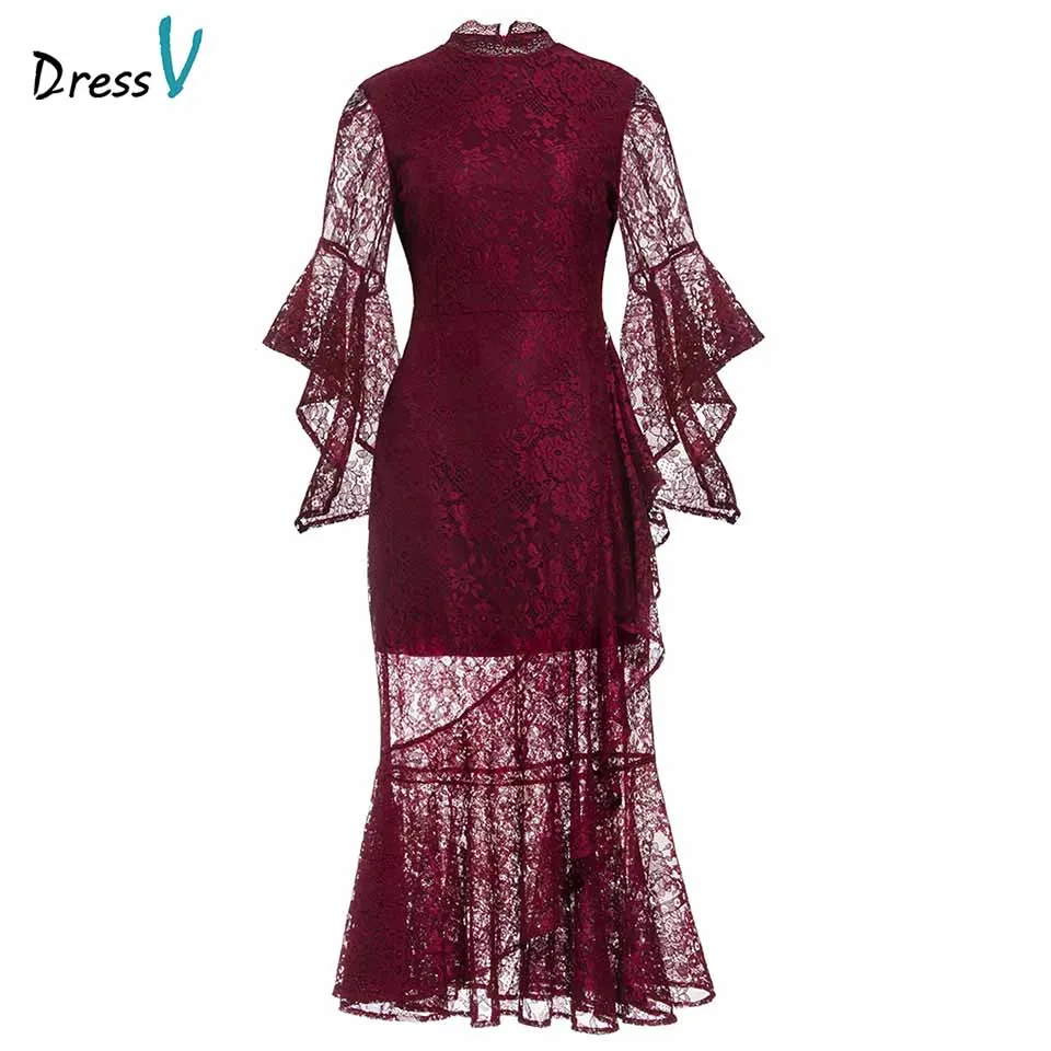 Date Red Dressv, красное вечернее платье, дешево, высокий ворот, кружево, рукав 3/4, Русалка, длина до середины икры, свадебное, вечернее платье, вечернее платье, es - Цвет: Date Red
