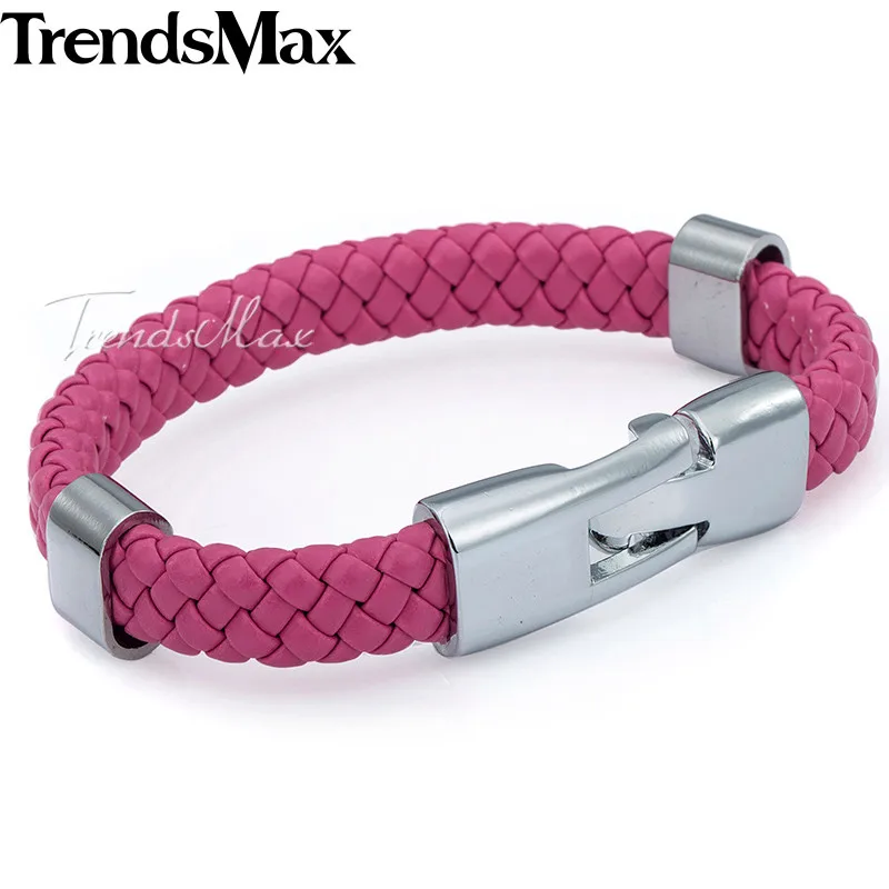 9mm Pink Trendsmax мужской s плетеный кожаный браслет ювелирные изделия из нержавеющей стали якорная Пряжка кожаные браслеты для мужчин и женщин 9 10 мм KLBM24 - Окраска металла: 9mm Pink
