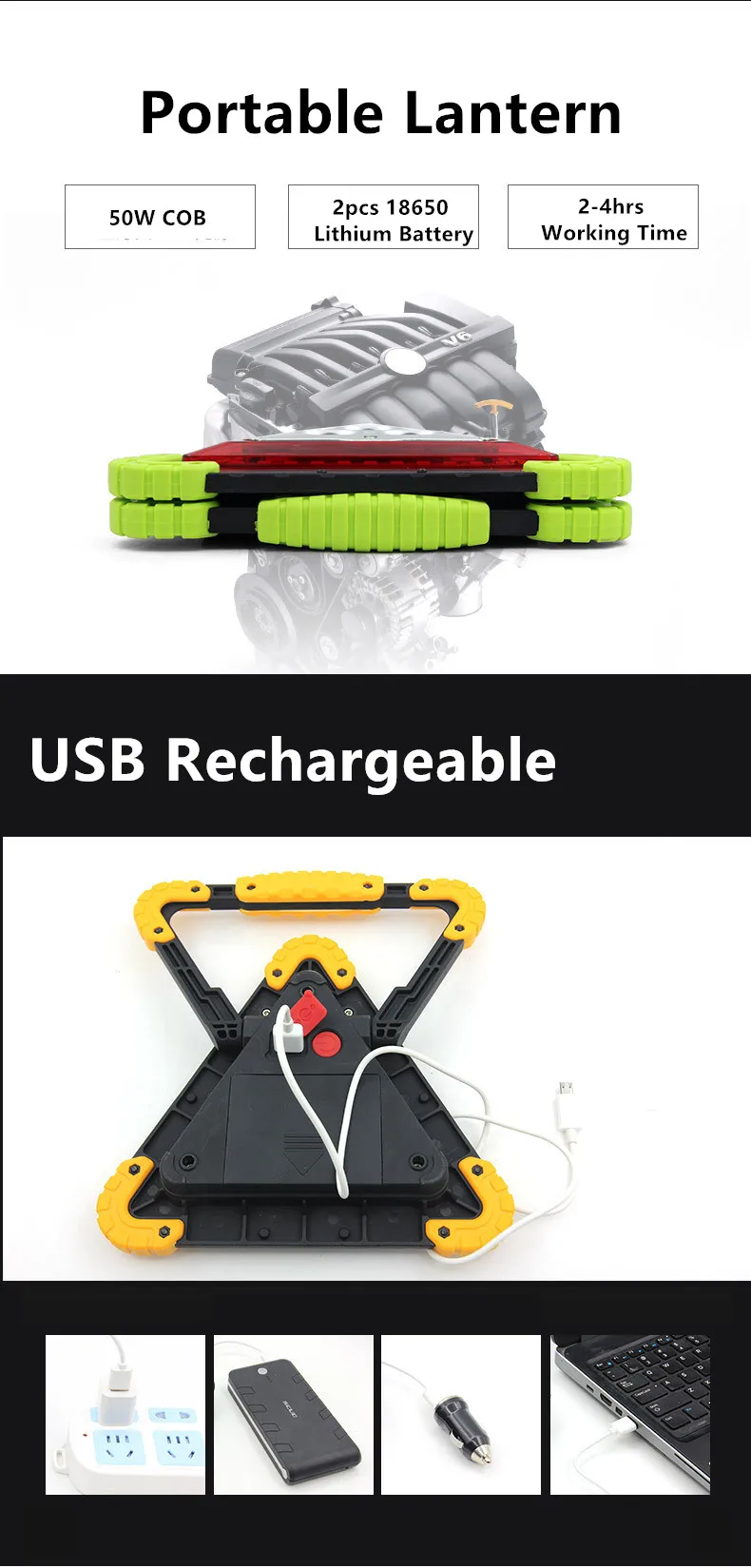 Мощный 50 Вт ручной поисковый светильник USB Перезаряжаемый COB светодиодный рабочий светильник с 36 шт. светодиодный светильник