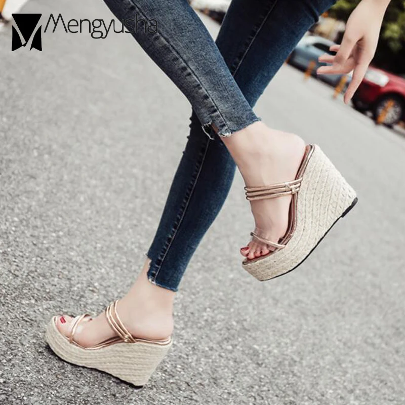 Narrow Band Transparent Platform Sandals Women Straw Hemp Wedges Beach Gold/Silver Clearance High Heel Ladies Flipflops | Обувь