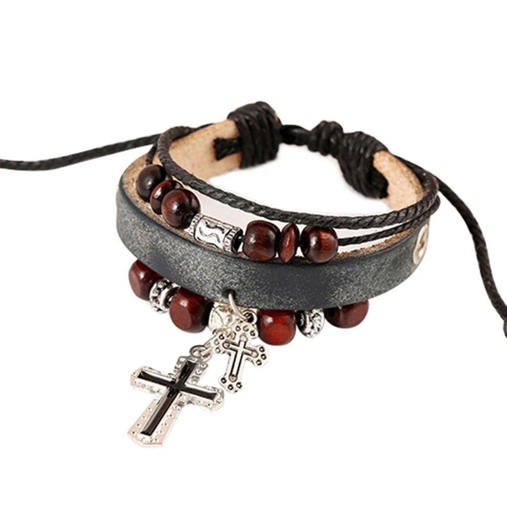 Vintage The Cross Pendant Multilayer Beads Faux Leather Braid Bracelet Bangle | Украшения и аксессуары