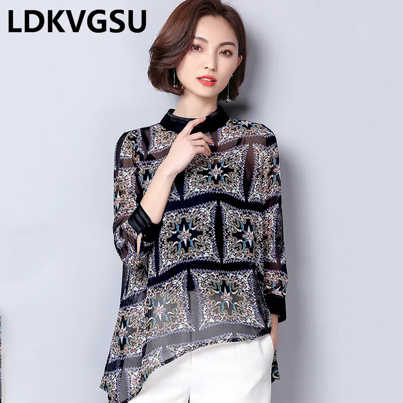 

2021 Spring Autumn New Women 2Piece Set Printed Chiffon Blouse Nine Sleeves Loose Office Irregular Shirt Female Large Size Is418