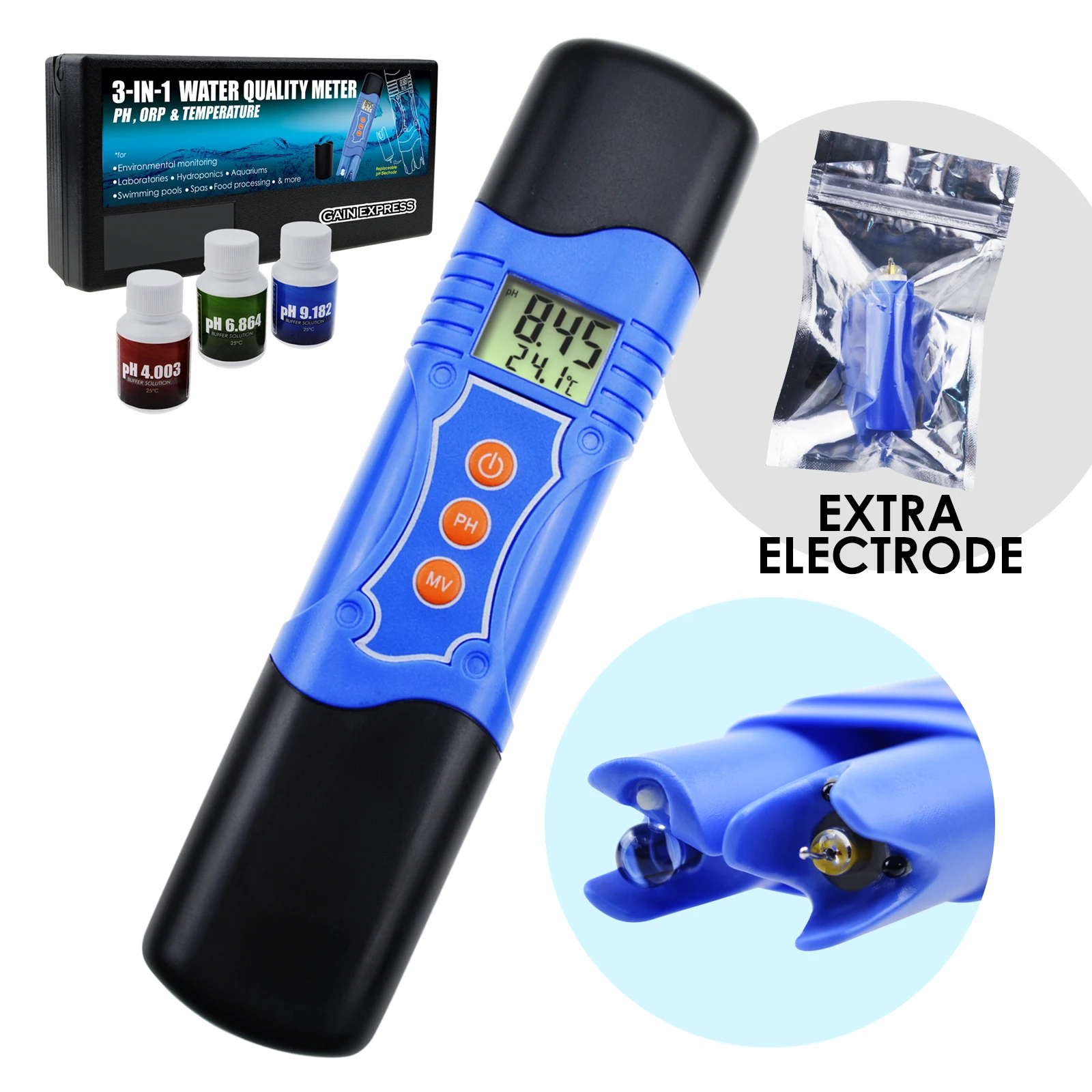 

3-in-1 Combo Meter Tester ORP Redox PH Temperature w/ EXTRA Electrode for Lab Hydroponics Swimming Pool IP55 Standard