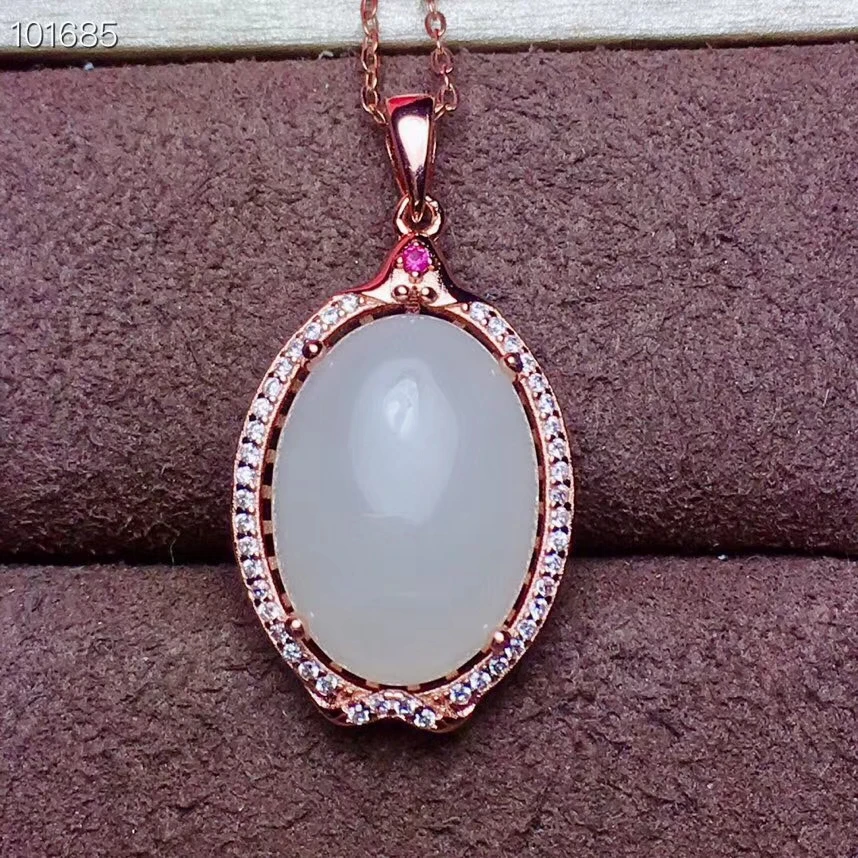 KJJEAXCMY Boutique jewelry 925 pure silver inlaid natural white jade pendant + Necklace Ring Earring suit support detection
