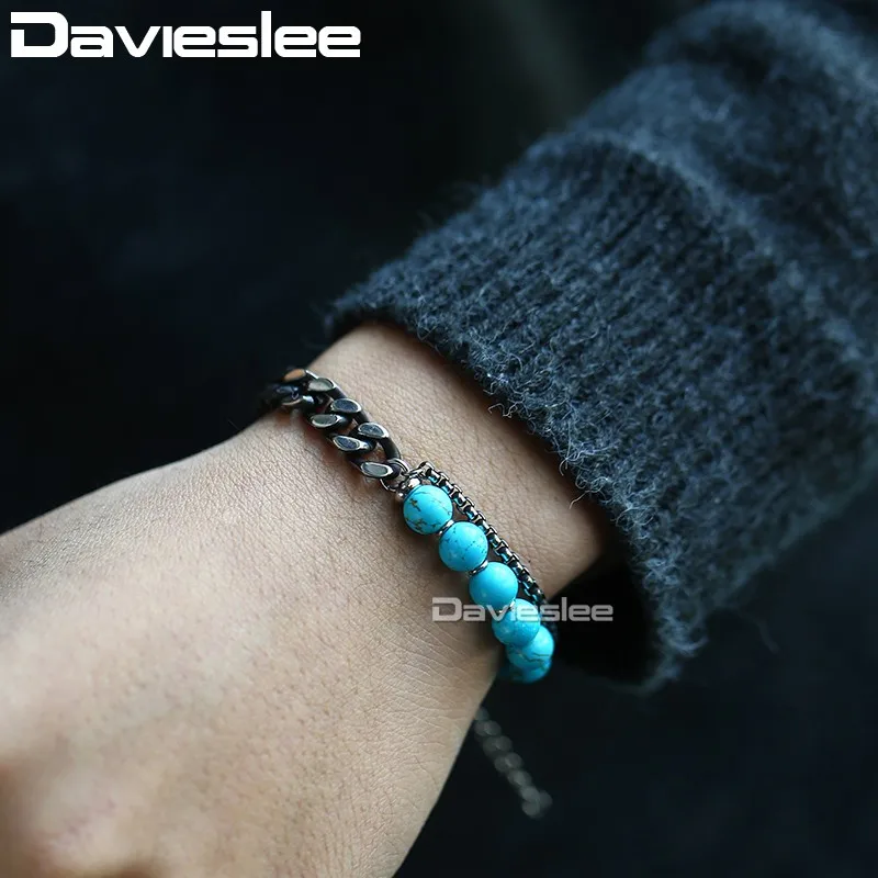 Davieslee бисерный браслет для мужчин и женщин из синего стекла Boho Curb Link из нержавеющей стали Мужской Браслет-цепь из бронзового серебра DDLBM04