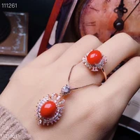 kjjeaxcmy exquisite jewelry 925 silver inlaid ruby natural red coral ladies ring necklace pendant set support detection