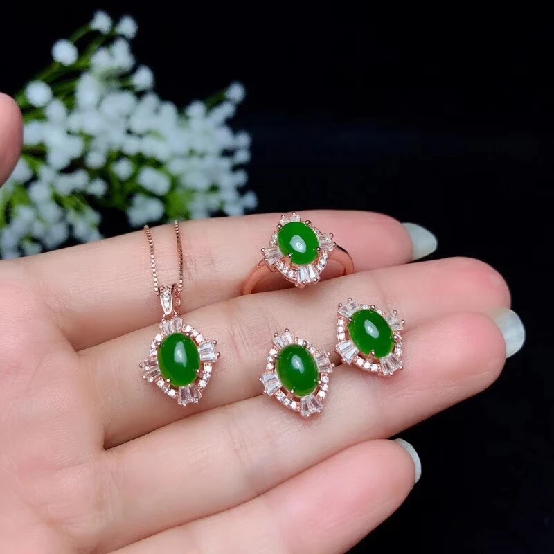 

KJJEAXCMY boutique jewels 925 sterling silver inlaid natural Jasper jewel lady ear nail Necklace Pendant ring set support detect