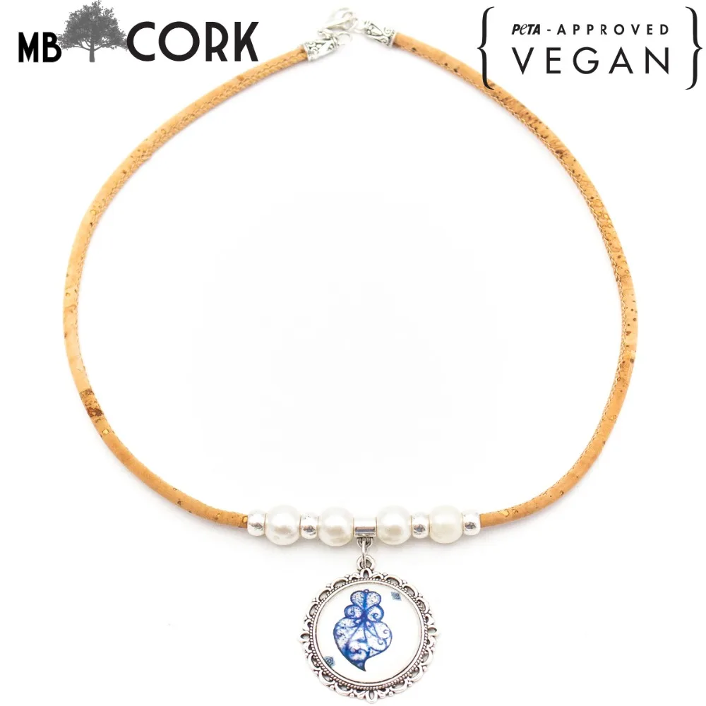 Natural cork with blue traditional ceramic tile color pattern handmade necklace N-181 | Украшения и аксессуары
